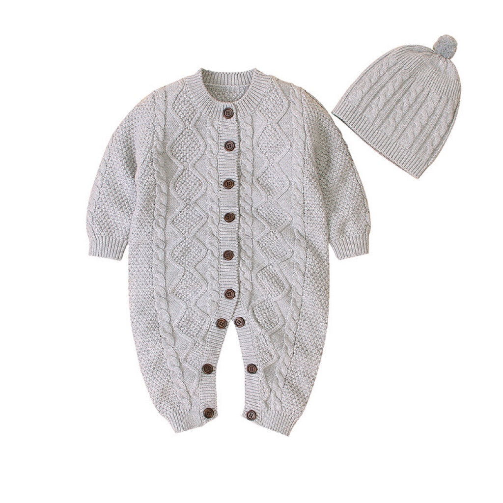 Baby Baby Cable Knitted Pattern Long Sleeve Romper and Hat in white and grey, featuring a button front design for easy dressing.