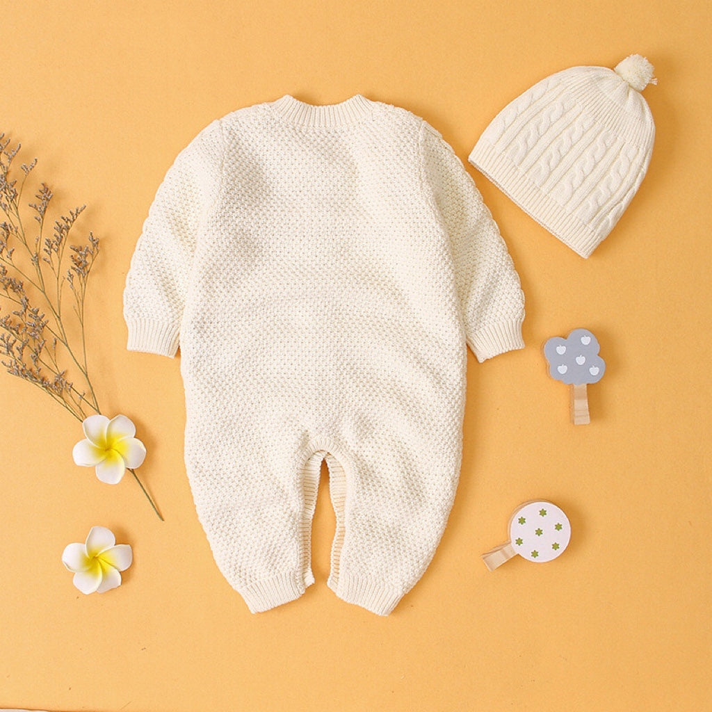 Baby Baby Cable Knitted Pattern Long Sleeve Romper and Hat in white and grey, featuring a button front design for easy dressing.