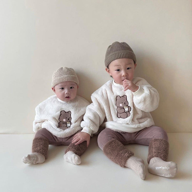 A cozy Baby Bear Embroidered Pattern Plush Hoodie and Pants Set in white, featuring adorable bear embroidery, perfect for babies.