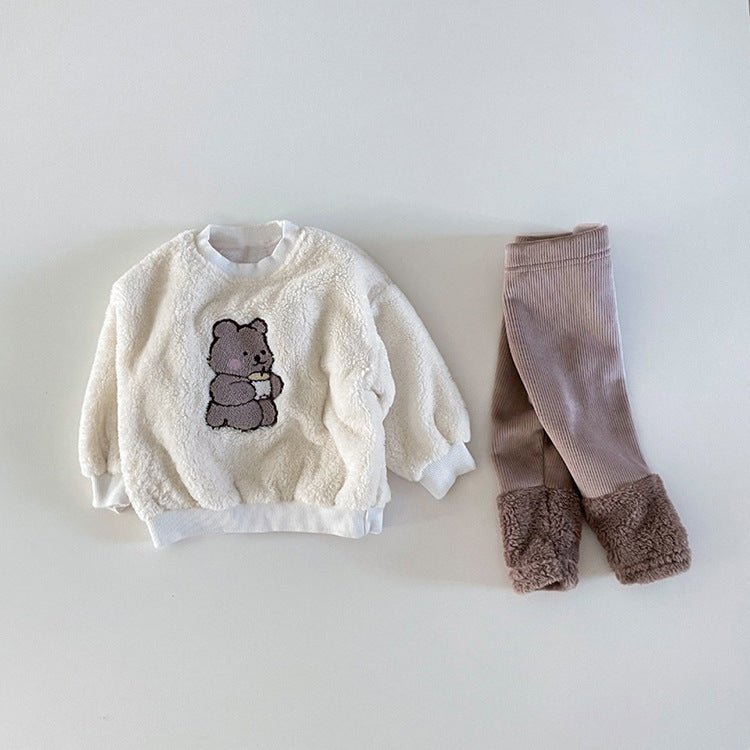 A cozy Baby Bear Embroidered Pattern Plush Hoodie and Pants Set in white, featuring adorable bear embroidery, perfect for babies.