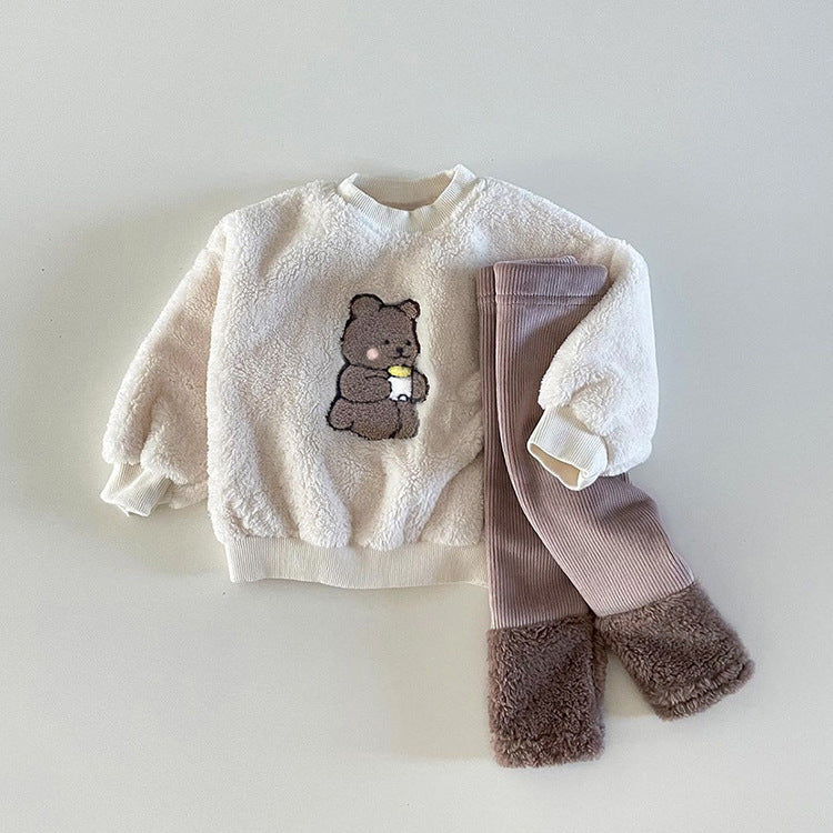 A cozy Baby Bear Embroidered Pattern Plush Hoodie and Pants Set in white, featuring adorable bear embroidery, perfect for babies.