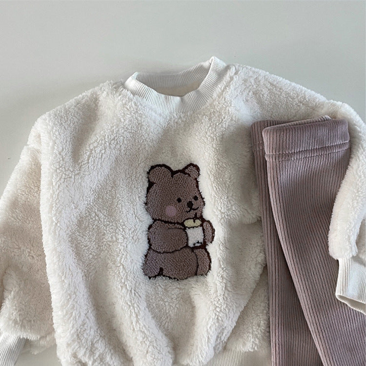A cozy Baby Bear Embroidered Pattern Plush Hoodie and Pants Set in white, featuring adorable bear embroidery, perfect for babies.
