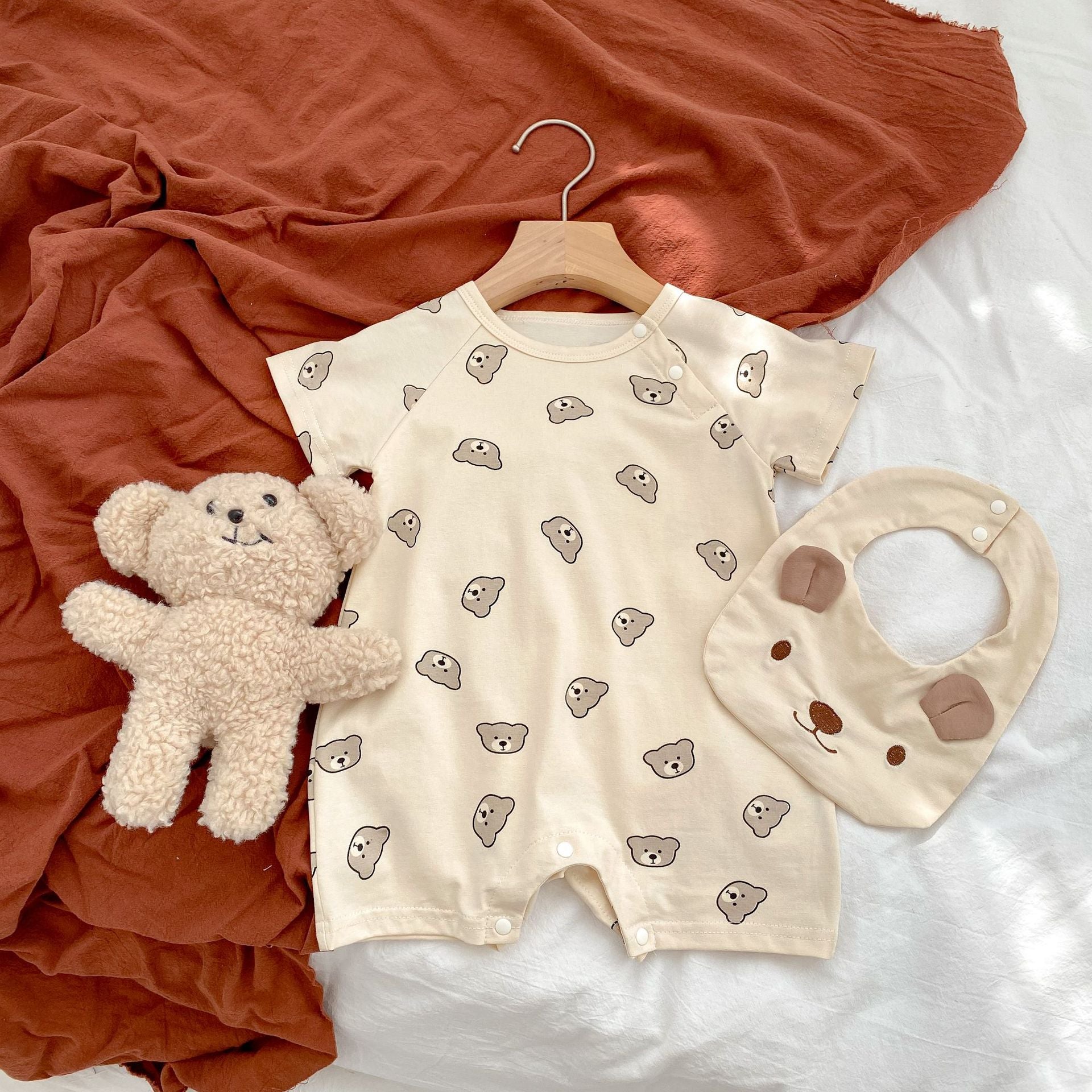 Baby Bear Pattern Removable Drooling Towel Summer Romper in brown cotton fabric, featuring a cute bear design and removable towel.
