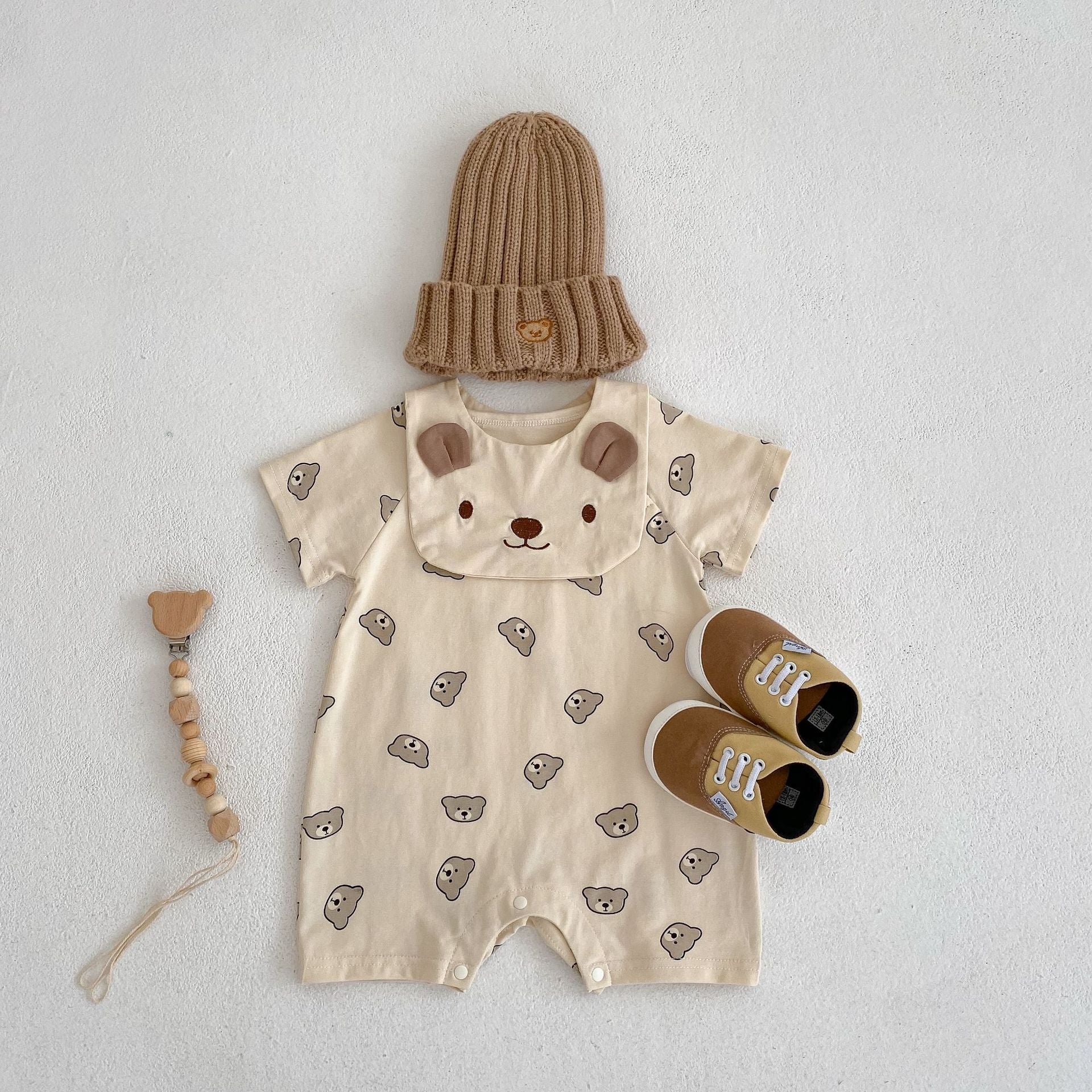 Baby Bear Pattern Removable Drooling Towel Summer Romper in brown cotton fabric, featuring a cute bear design and removable towel.
