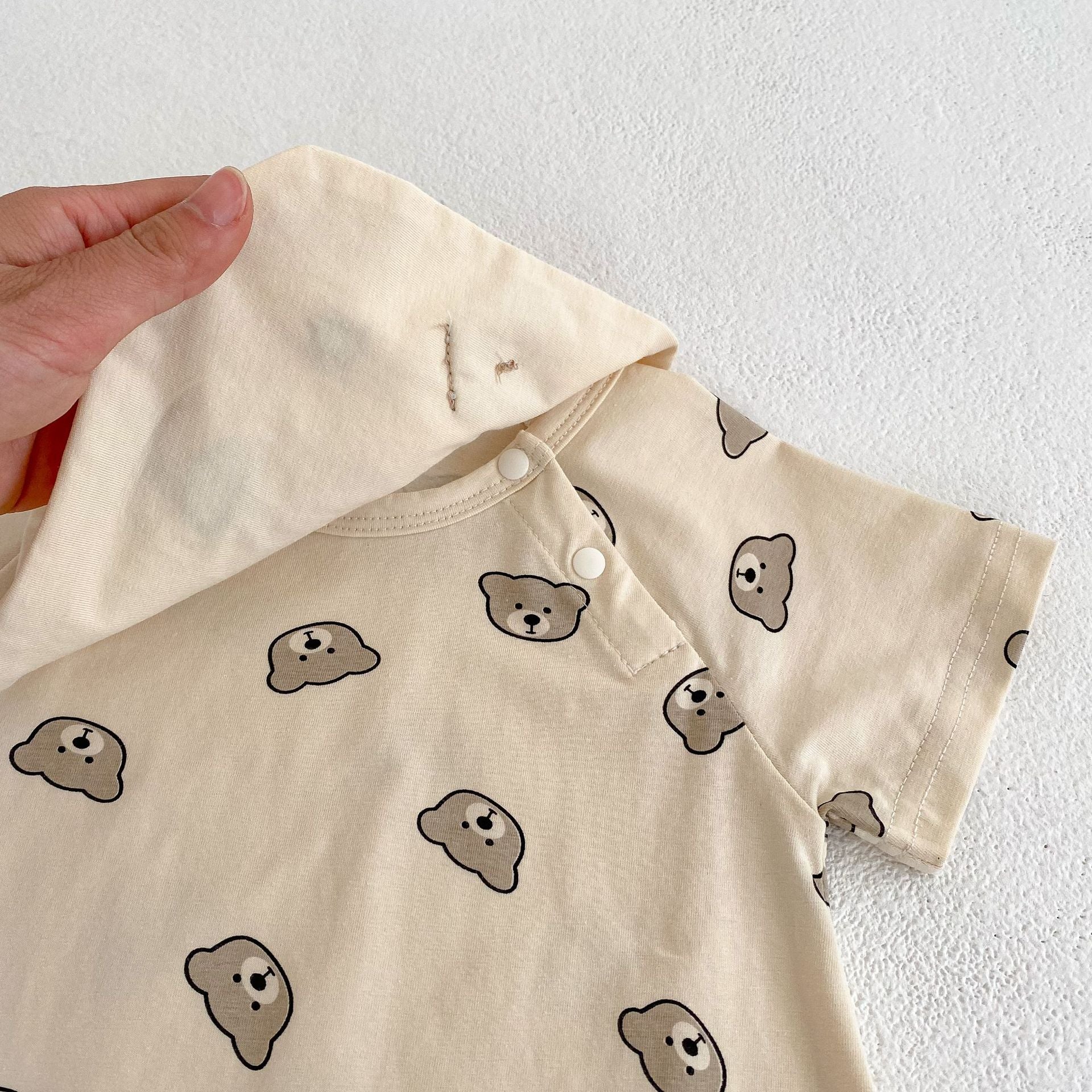 Baby Bear Pattern Removable Drooling Towel Summer Romper in brown cotton fabric, featuring a cute bear design and removable towel.