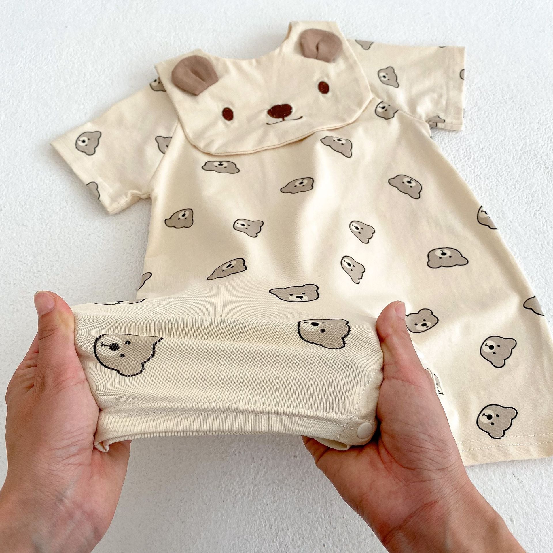 Baby Bear Pattern Removable Drooling Towel Summer Romper in brown cotton fabric, featuring a cute bear design and removable towel.