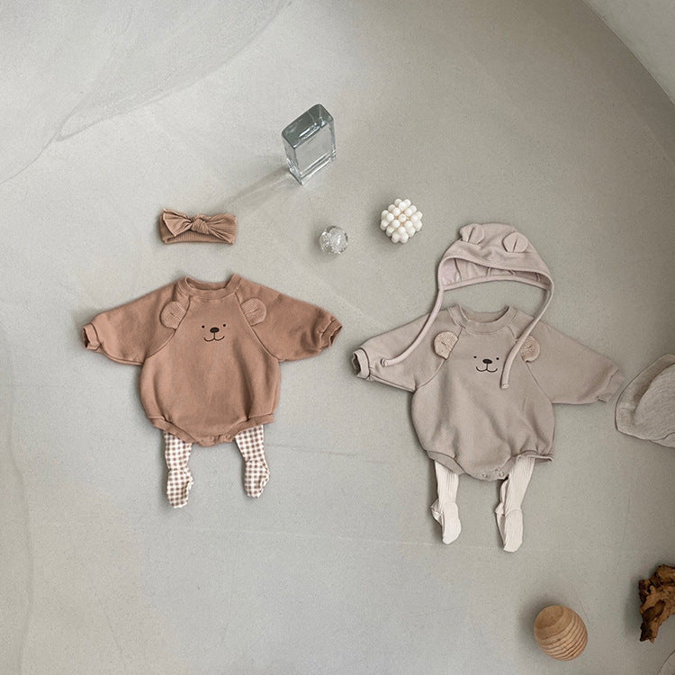 Baby Bear Print Pattern Ears Patch Design Hoodie Onesies in grey and brown, featuring a playful bear pattern and cozy design.
