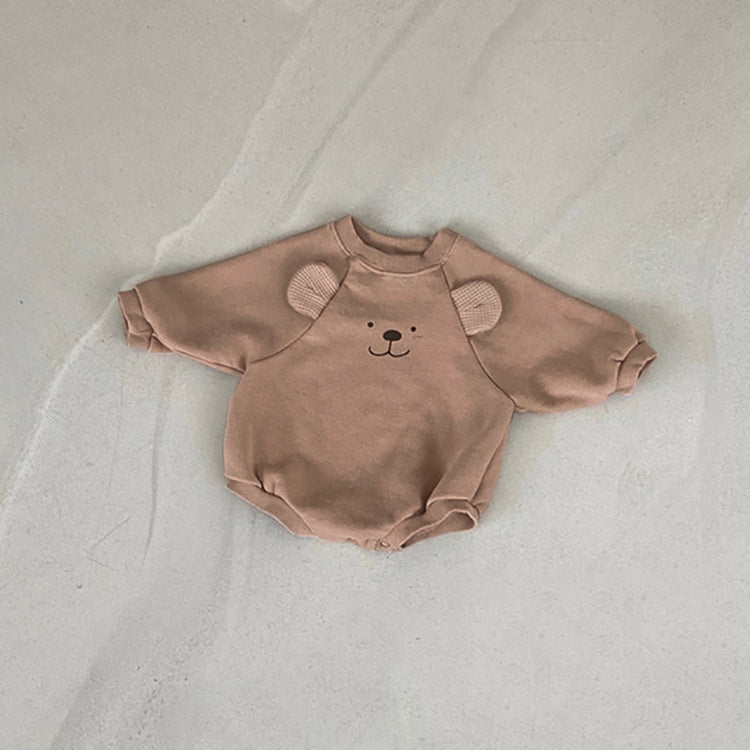 Baby Bear Print Pattern Ears Patch Design Hoodie Onesies in grey and brown, featuring a playful bear pattern and cozy design.