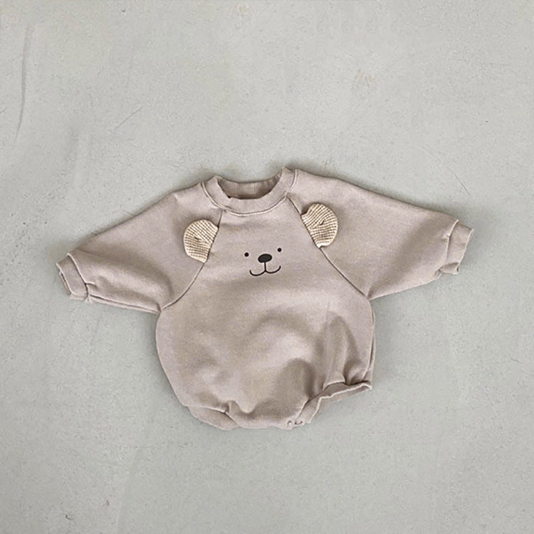 Baby Bear Print Pattern Ears Patch Design Hoodie Onesies in grey and brown, featuring a playful bear pattern and cozy design.