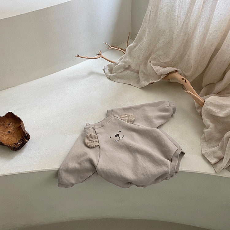 Baby Bear Print Pattern Ears Patch Design Hoodie Onesies in grey and brown, featuring a playful bear pattern and cozy design.