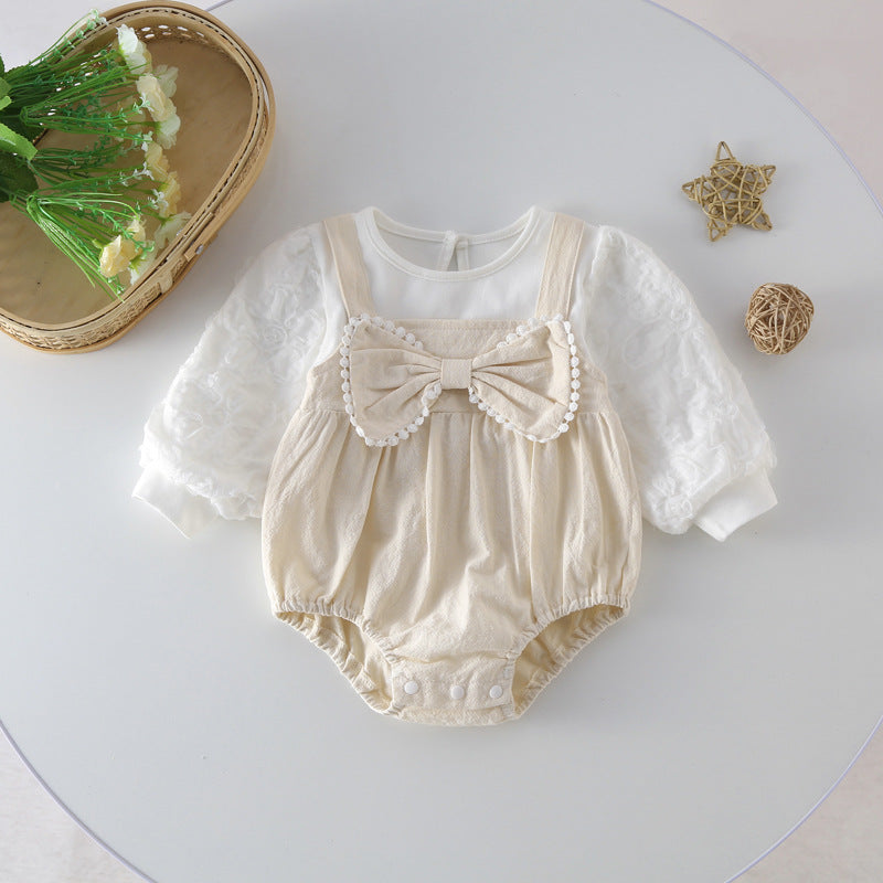 Baby Bow Patched Design Long Sleeve Onesies in white, featuring a delicate bow and soft cotton fabric, perfect for baby girls.