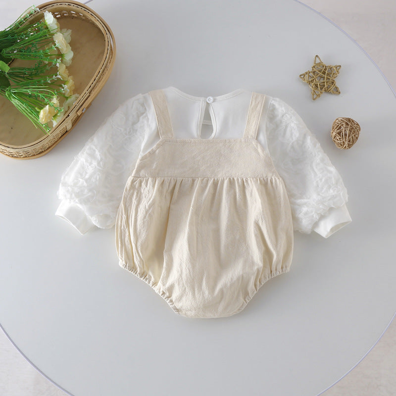 Baby Bow Patched Design Long Sleeve Onesies in white, featuring a delicate bow and soft cotton fabric, perfect for baby girls.