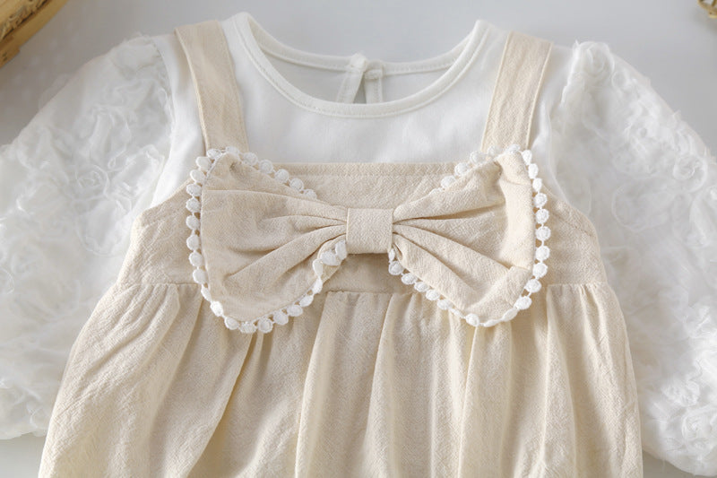 Baby Bow Patched Design Long Sleeve Onesies in white, featuring a delicate bow and soft cotton fabric, perfect for baby girls.