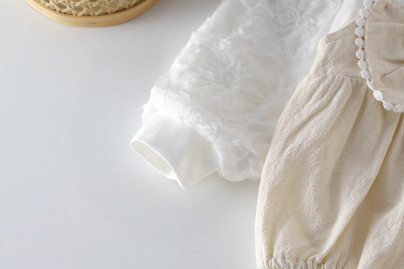 Baby Bow Patched Design Long Sleeve Onesies in white, featuring a delicate bow and soft cotton fabric, perfect for baby girls.