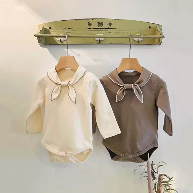 Baby Bow Tie Design Long Sleeve Bodysuit in white and coffee colors, showcasing a cute bow tie detail.