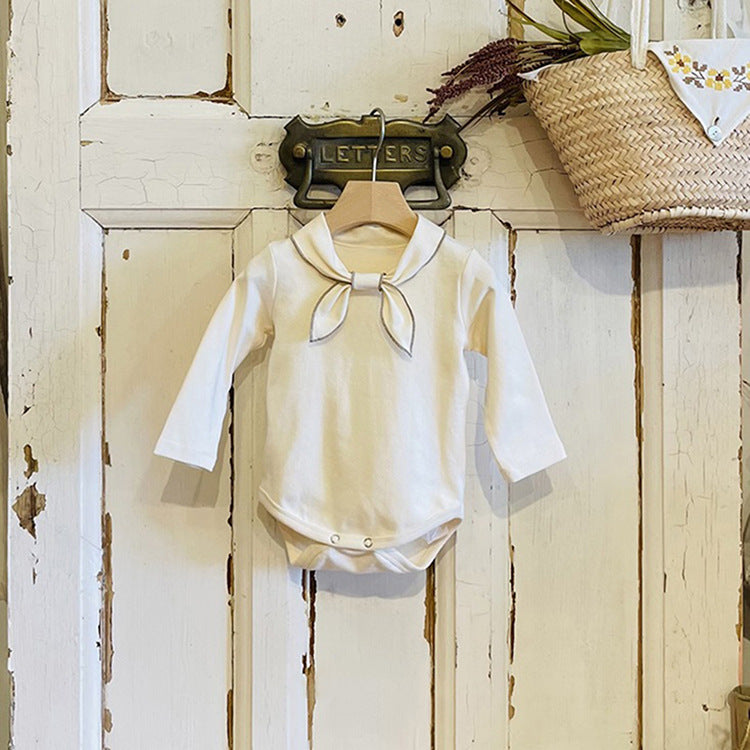 Baby Bow Tie Design Long Sleeve Bodysuit in white and coffee colors, showcasing a cute bow tie detail.
