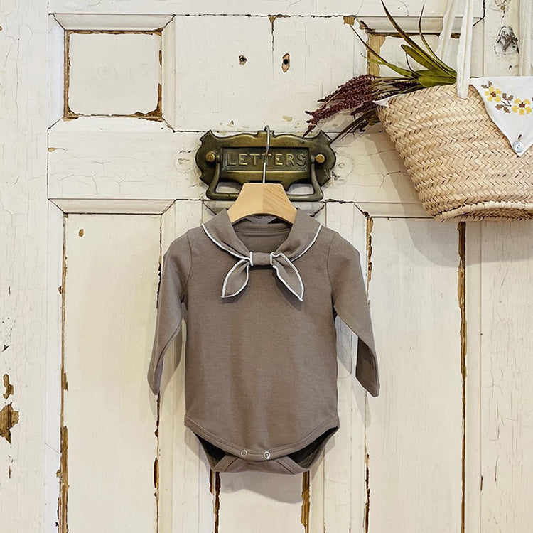 Baby Bow Tie Design Long Sleeve Bodysuit in white and coffee colors, showcasing a cute bow tie detail.