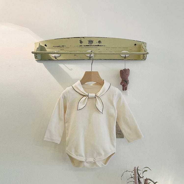 Baby Bow Tie Design Long Sleeve Bodysuit in white and coffee colors, showcasing a cute bow tie detail.