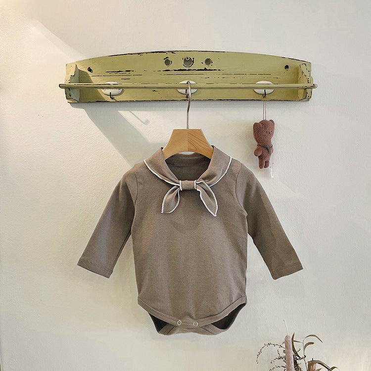 Baby Bow Tie Design Long Sleeve Bodysuit in white and coffee colors, showcasing a cute bow tie detail.