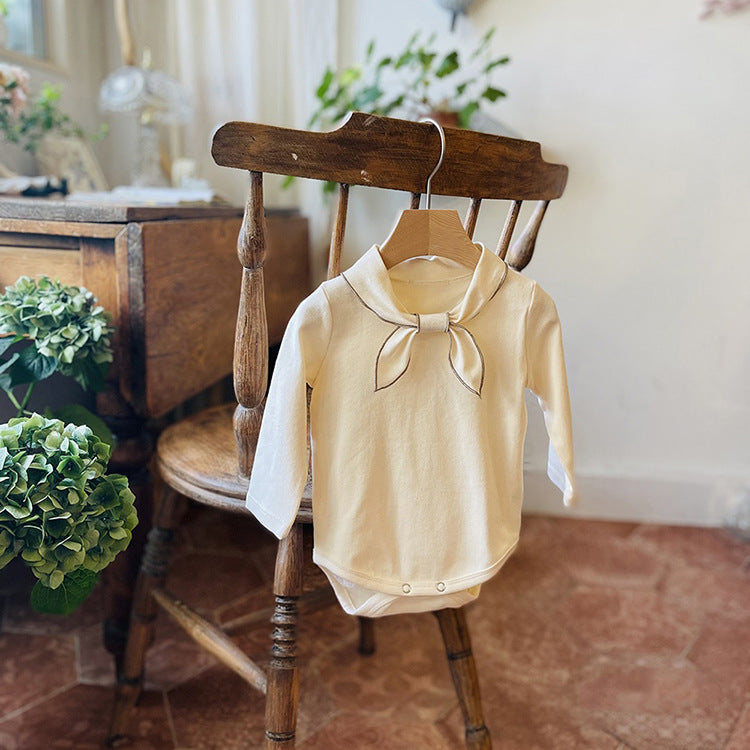 Baby Bow Tie Design Long Sleeve Bodysuit in white and coffee colors, showcasing a cute bow tie detail.