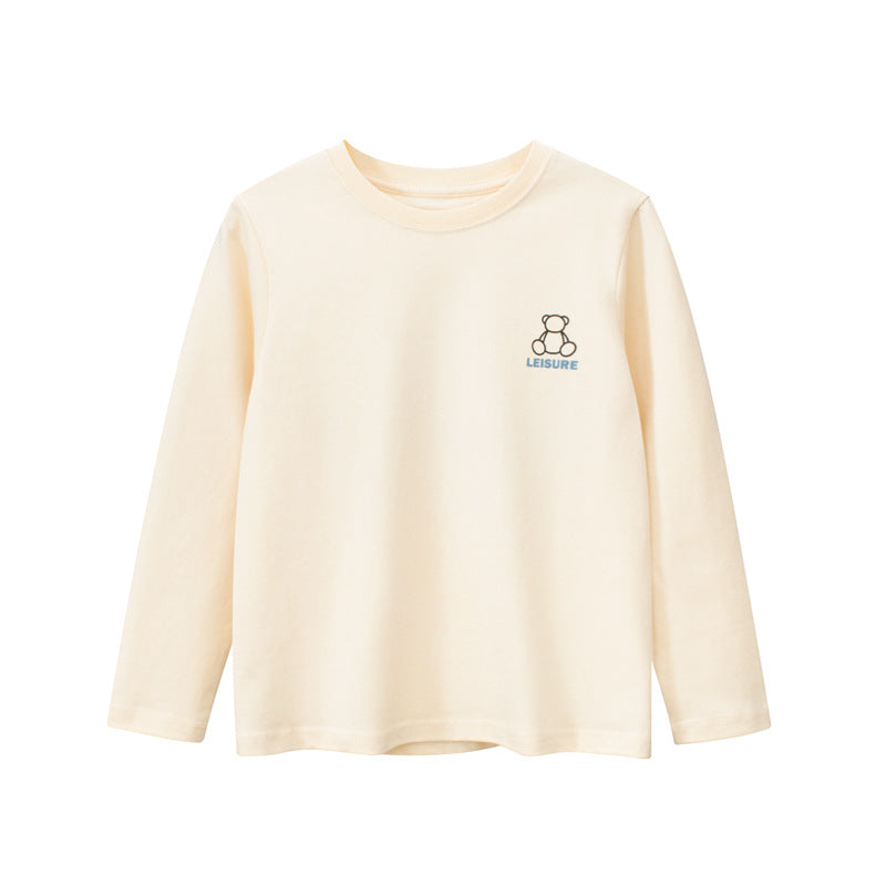 Baby boy and girl long sleeve cotton shirt featuring a playful bear print pattern in apricot color, suitable for ages 7-12.