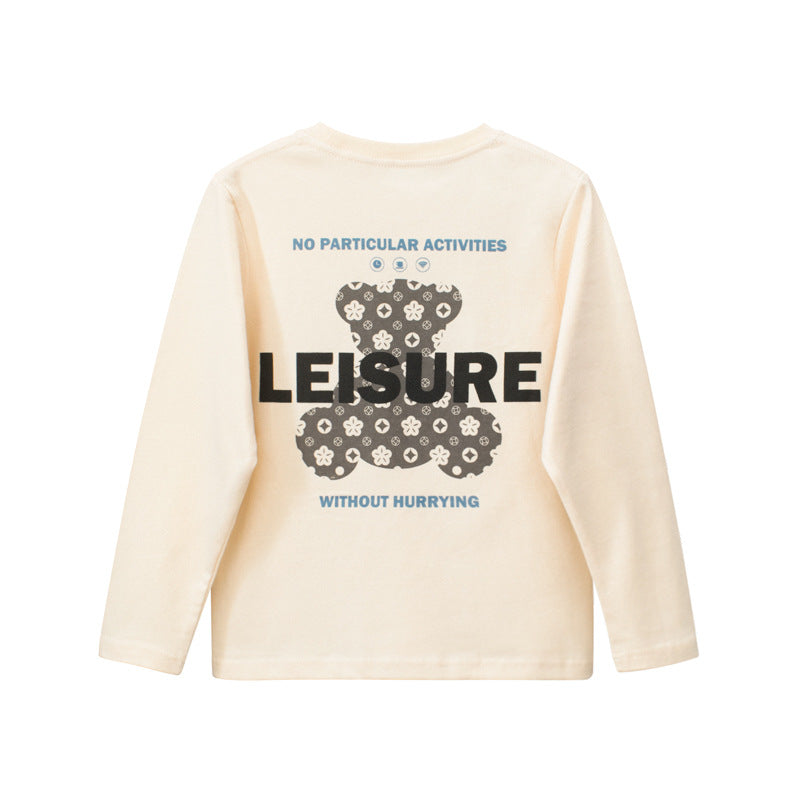 Baby boy and girl long sleeve cotton shirt featuring a playful bear print pattern in apricot color, suitable for ages 7-12.