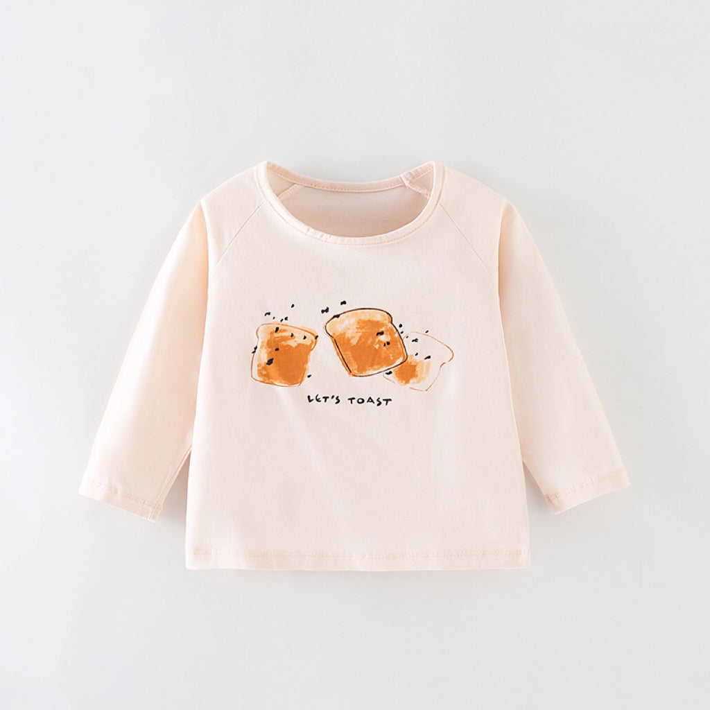 Baby boy and girl soft cotton O-neck shirt featuring a playful bread pattern in pink color, suitable for all seasons.