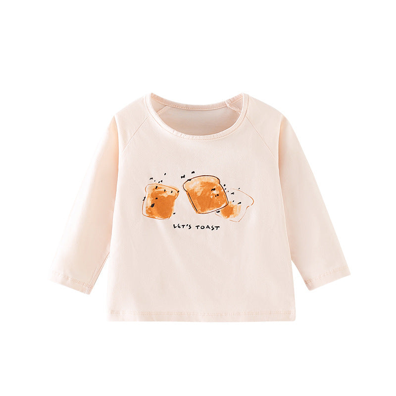 Baby boy and girl soft cotton O-neck shirt featuring a playful bread pattern in pink color, suitable for all seasons.