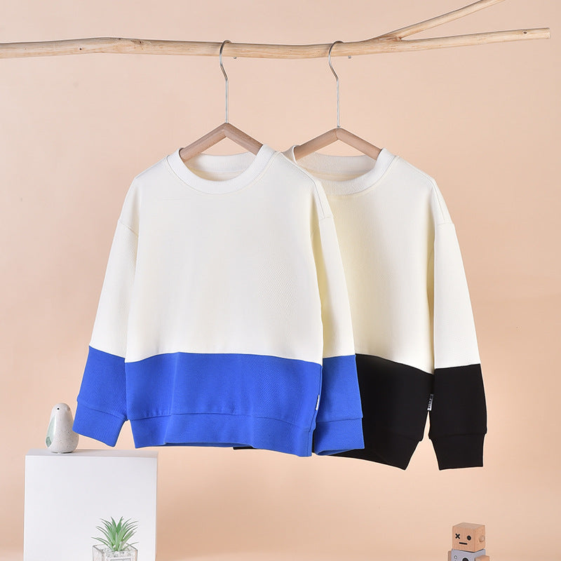 Baby boy and girl colorblock design long sleeve pullover hoodies in black and blue, showcasing a stylish and comfortable fit for children.