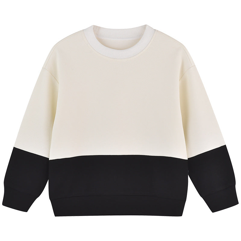 Baby boy and girl colorblock design long sleeve pullover hoodies in black and blue, showcasing a stylish and comfortable fit for children.