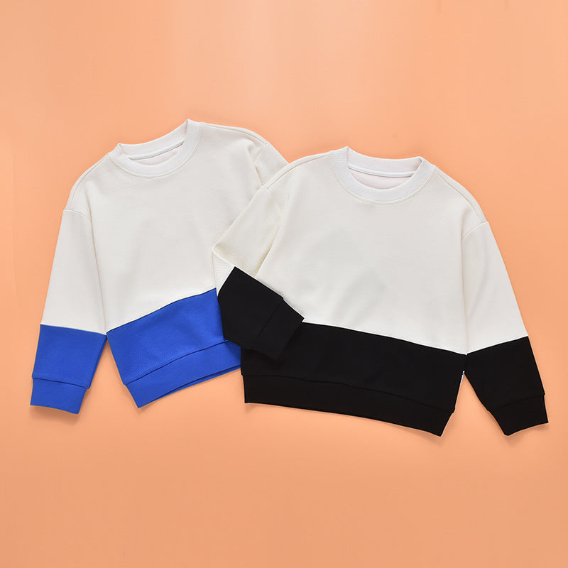 Baby boy and girl colorblock design long sleeve pullover hoodies in black and blue, showcasing a stylish and comfortable fit for children.