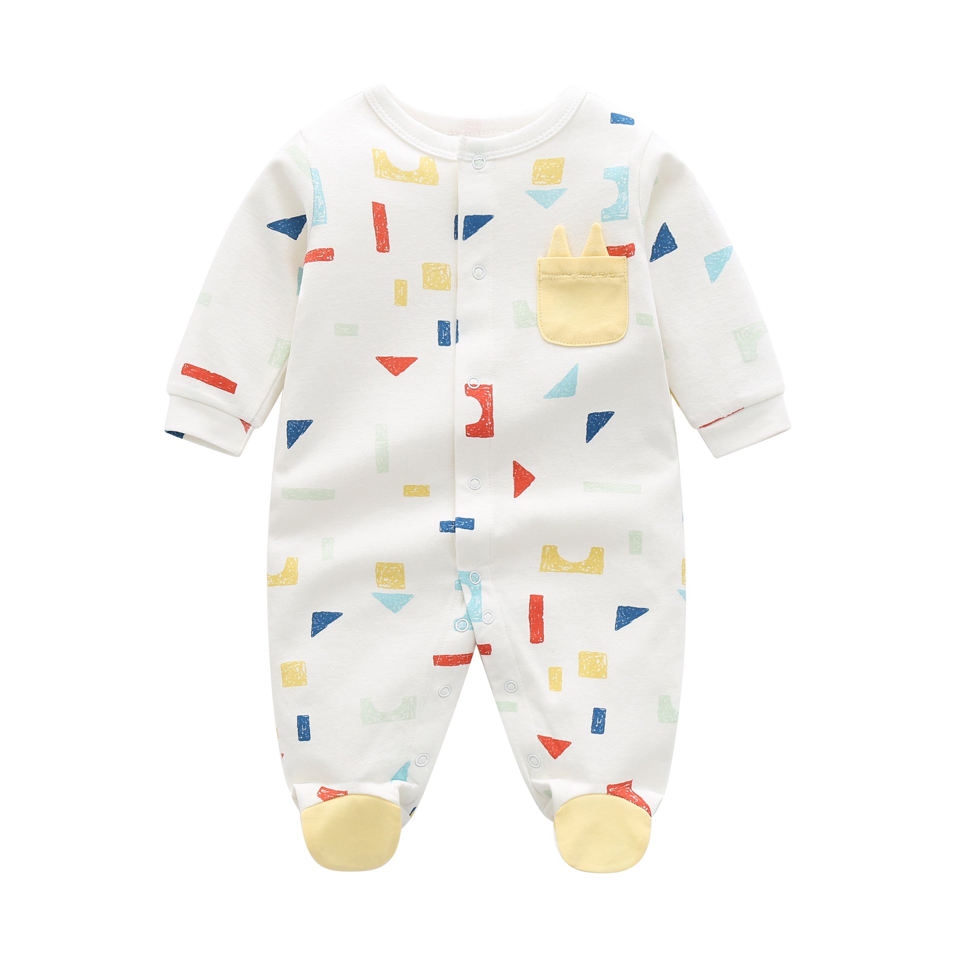 Baby boy and girl geometric print long-sleeved romper in white, featuring a single-breasted design and soft cotton material.