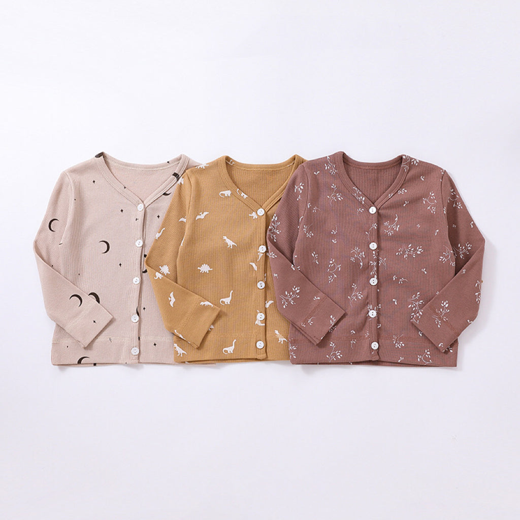 Baby boy and girl cardigan featuring floral, animal, and cartoon patterns in beige, apricot, brown, and coffee colors.