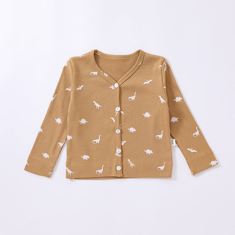 Baby boy and girl cardigan featuring floral, animal, and cartoon patterns in beige, apricot, brown, and coffee colors.