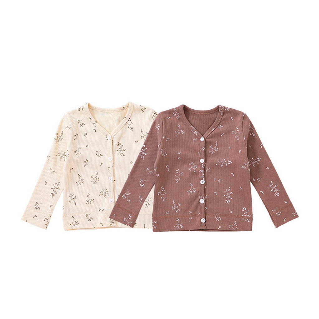 Baby boy and girl cardigan featuring floral, animal, and cartoon patterns in beige, apricot, brown, and coffee colors.