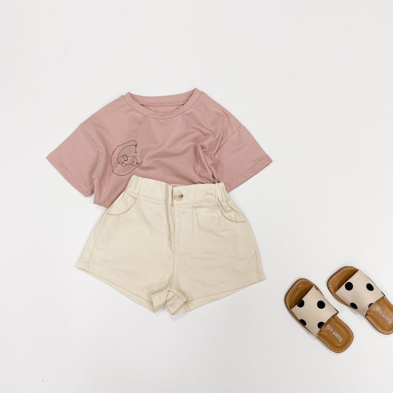 Baby boy and girl solid color denim shorts with pockets, available in white, black, khaki, and brown, perfect for summer wear.