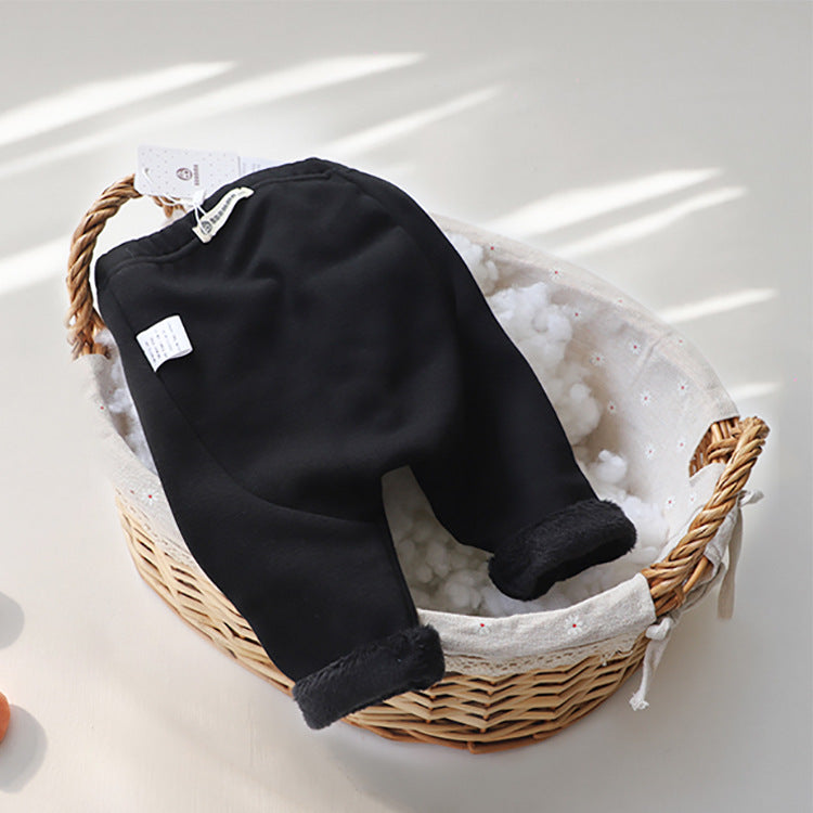 Baby boy and girl solid color fleece thickened winter pants in various colors, showcasing soft fleece lining and comfortable fit for infants.