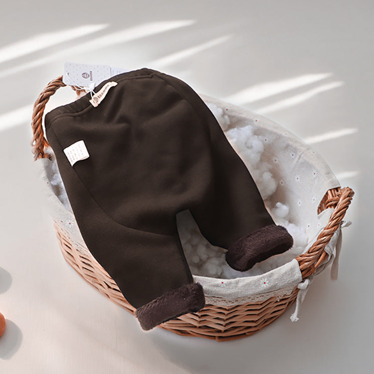 Baby boy and girl solid color fleece thickened winter pants in various colors, showcasing soft fleece lining and comfortable fit for infants.