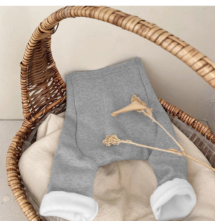 Baby boy and girl solid color fleece thickened winter pants in various colors, showcasing soft fleece lining and comfortable fit for infants.