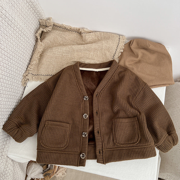 Baby boy and girl solid color thermal jacket with V-neck and single-breasted design in brown, perfect for autumn and winter wear.