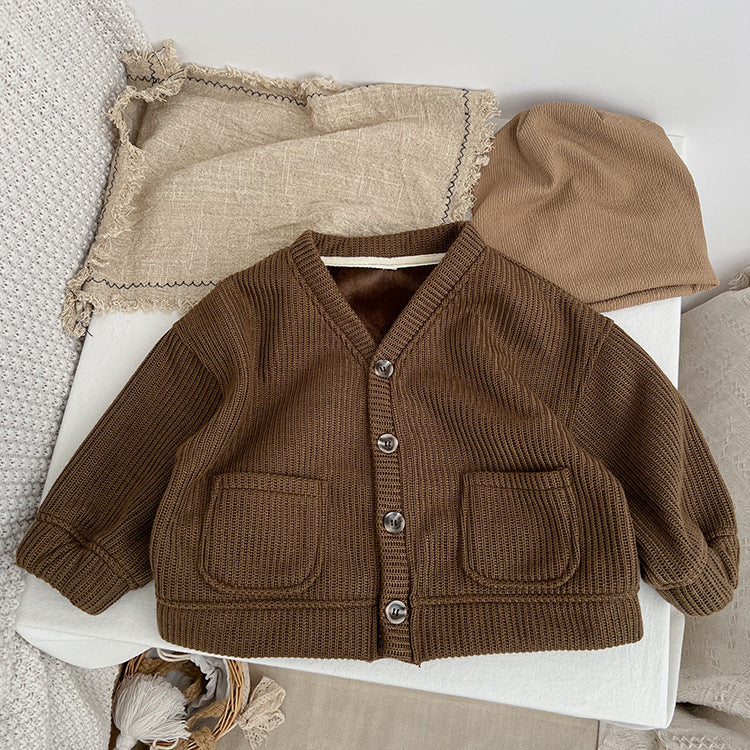 Baby boy and girl solid color thermal jacket with V-neck and single-breasted design in brown, perfect for autumn and winter wear.