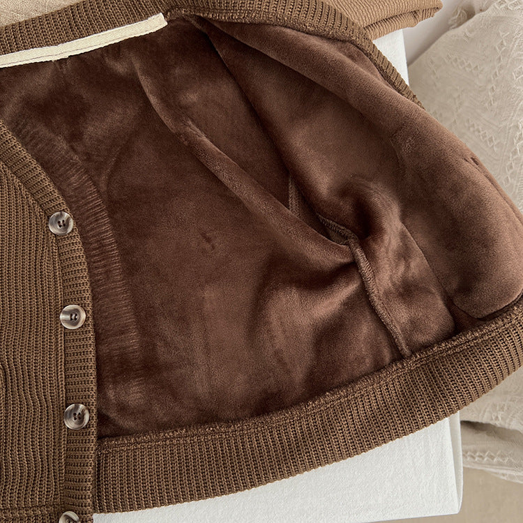 Baby boy and girl solid color thermal jacket with V-neck and single-breasted design in brown, perfect for autumn and winter wear.