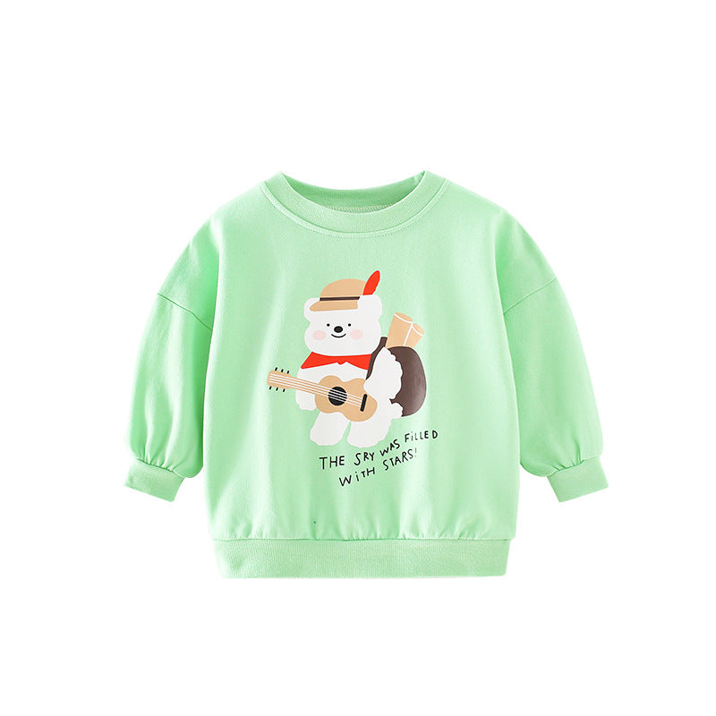 Baby Boy and Girl Violin Bear Pattern O-Neck Cotton Hoodie in vibrant green, featuring a cute bear playing violin design.