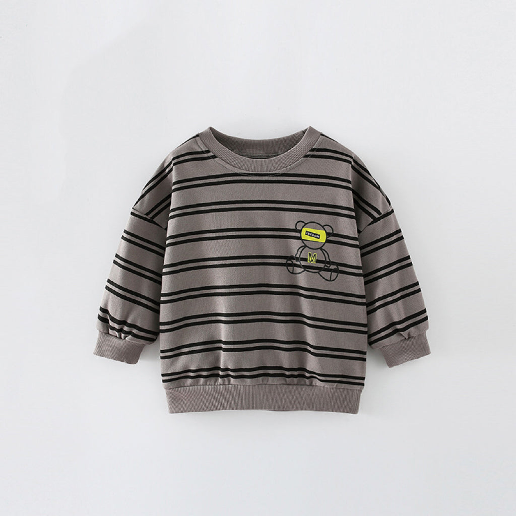 Baby Boy Bear and Striped Pattern Long Sleeve Sweatshirt in brown cotton, featuring a playful bear design and stylish stripes.