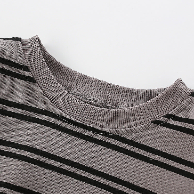 Baby Boy Bear and Striped Pattern Long Sleeve Sweatshirt in brown cotton, featuring a playful bear design and stylish stripes.