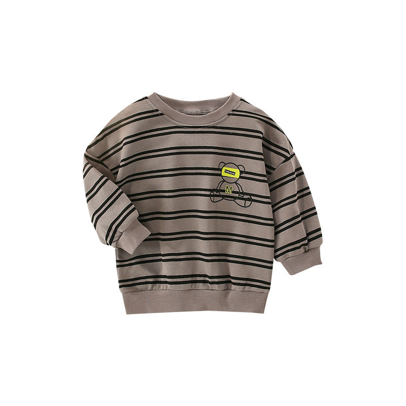 Baby Boy Bear and Striped Pattern Long Sleeve Sweatshirt in brown cotton, featuring a playful bear design and stylish stripes.