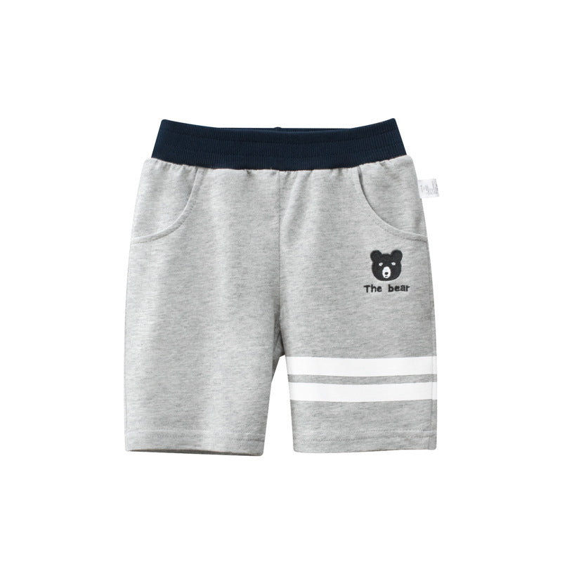 Baby boy casual pants featuring a bear print pattern in navy blue and grey, perfect for summer wear.