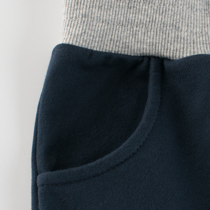 Baby boy casual pants featuring a bear print pattern in navy blue and grey, perfect for summer wear.