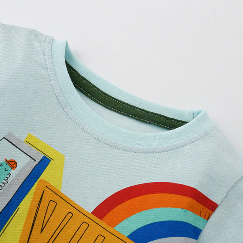 Baby boy summer clothing set featuring a blue crewneck with a playful car print pattern, perfect for warm weather.