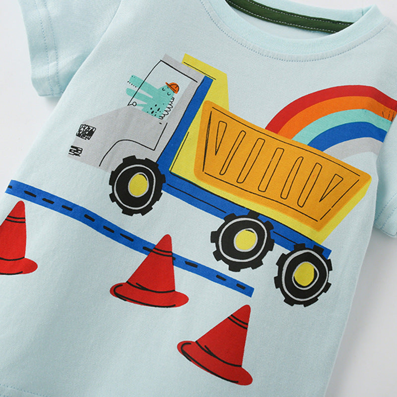 Baby boy summer clothing set featuring a blue crewneck with a playful car print pattern, perfect for warm weather.